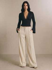Poéselle Women's Solid Color Toothpick Stripe Design Wide Leg Loose Long Pants - Apricot - View 5