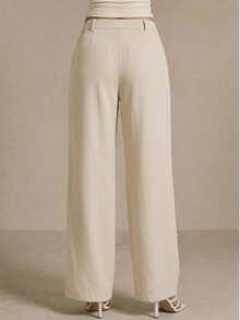 Poéselle Women's Solid Color Toothpick Stripe Design Wide Leg Loose Long Pants - Apricot - View 2