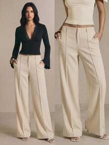 Poéselle Women's Solid Color Toothpick Stripe Design Wide Leg Loose Long Pants - Apricot - View 8