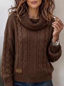 LUMIGAL Women's Loose Short Sweater With Collar, Coffee Brown Cable Knit Texture, Raglan Long Sleeves, Side Leather Patch, Ribbed Hem, Fall 2000s - Brown - View 4