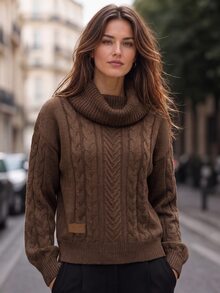 LUMIGAL Women's Loose Short Sweater With Collar, Coffee Brown Cable Knit Texture, Raglan Long Sleeves, Side Leather Patch, Ribbed Hem, Fall 2000s - Brown - View 6