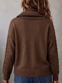 LUMIGAL Women's Loose Short Sweater With Collar, Coffee Brown Cable Knit Texture, Raglan Long Sleeves, Side Leather Patch, Ribbed Hem, Fall 2000s - Brown - View 2