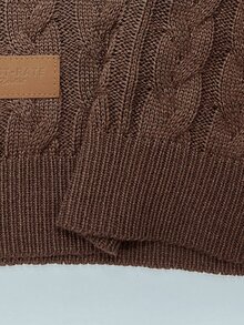 LUMIGAL Women's Loose Short Sweater With Collar, Coffee Brown Cable Knit Texture, Raglan Long Sleeves, Side Leather Patch, Ribbed Hem, Fall 2000s - Brown - View 5