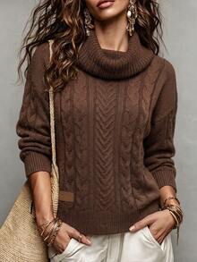 LUMIGAL Women's Loose Short Sweater With Collar, Coffee Brown Cable Knit Texture, Raglan Long Sleeves, Side Leather Patch, Ribbed Hem, Fall 2000s - Brown - View 1