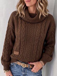 LUMIGAL Women's Loose Short Sweater With Collar, Coffee Brown Cable Knit Texture, Raglan Long Sleeves, Side Leather Patch, Ribbed Hem, Fall 2000s - Brown - View 7