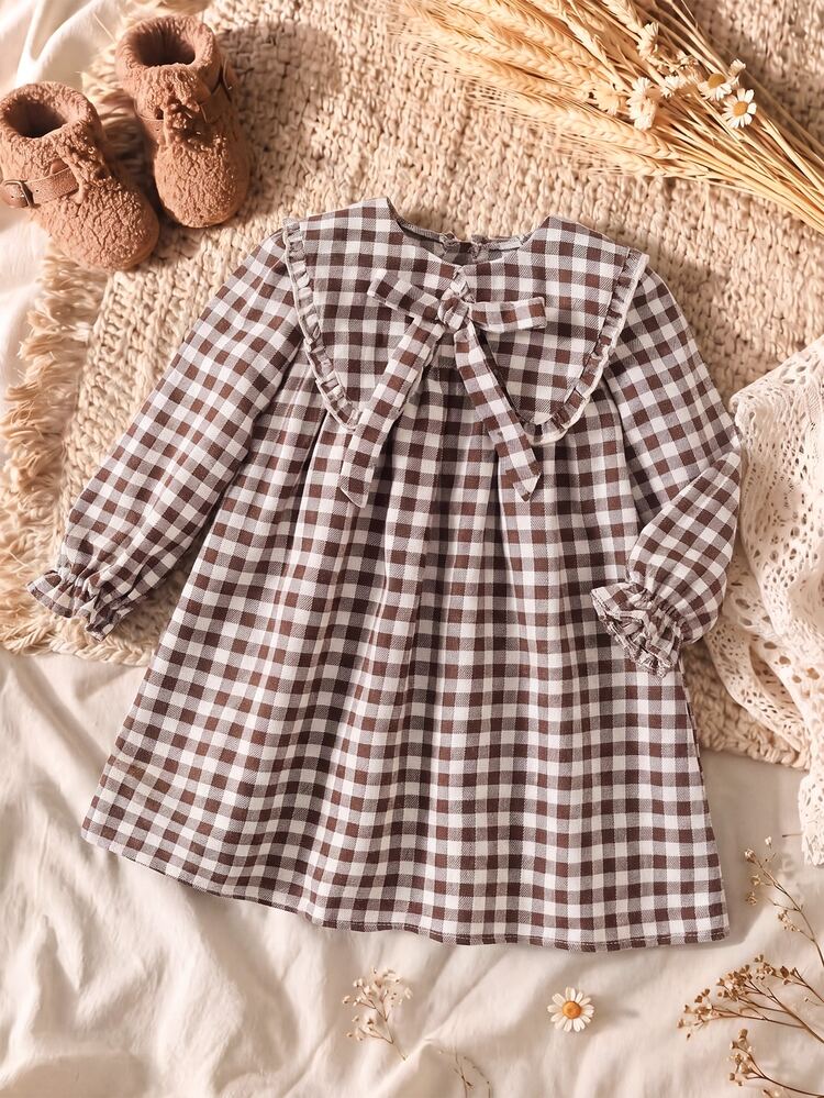 SHEIN Gaun Anak Perempuan Lucu Kasual Liburan Motif Kotak-kotak Aprikot dengan Pita Lengan Panjang Longgar Gaun Bunga Musim Gugur, Sekolah, Kembali ke Sekolah, Sekolah - Khaki - View 11