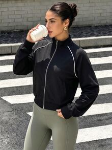 Pariaura Women's Striped Contrast Color Zipper Long Sleeve Sports Jacket - Black - View 7