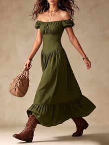 OPHERINE 女款純色方領百褶復古法式浪漫收腰顯瘦長洋裝，可穿作露肩款，適合春夏海邊度假 - 軍綠色 - 查看 4