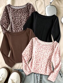 SHEIN 1件隨機款 青少年女孩復古休閒百搭時尚秋季米色黑色棕色粉色豹紋修身長袖女孩子學院風T恤 - 彩色 - 查看 1