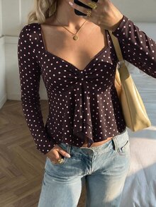 CovetEZ 波點休閒女款甜心領長袖T恤 - 棕色 - 查看 4