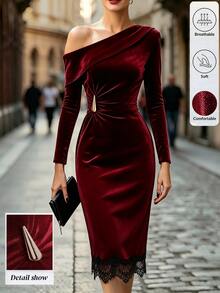 SHEIN LUNE ملابس الخريف للنساء فساتين ميدي للنساء - عنابي اللون - مشاهدة 8