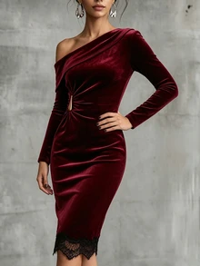SHEIN LUNE ملابس الخريف للنساء فساتين ميدي للنساء - عنابي اللون - مشاهدة 10