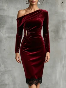 SHEIN LUNE ملابس الخريف للنساء فساتين ميدي للنساء - عنابي اللون - مشاهدة 7
