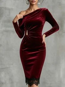 SHEIN LUNE ملابس الخريف للنساء فساتين ميدي للنساء - عنابي اللون - مشاهدة 9