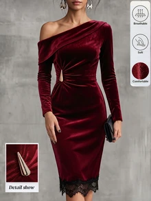 SHEIN LUNE ملابس الخريف للنساء فساتين ميدي للنساء - عنابي اللون - مشاهدة 3