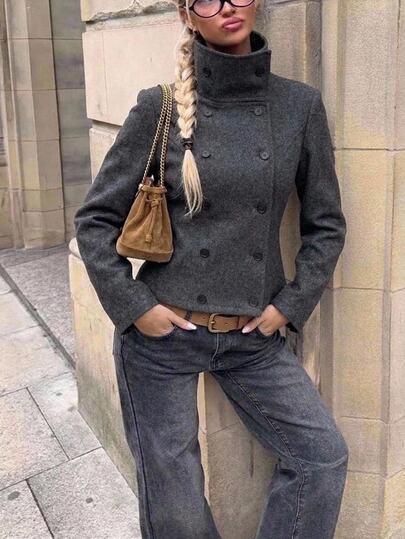 Aloruh Women's Elegant Everyday Travel Dark Grey Waist-Cinching Jacket, Autumn/Winter Long Sleeve High Neck Casual Coat,Old Money Style,Office,Winter Coat