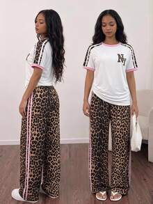 SHEIN Tween Girls 2pcs/Set Loose Casual Athletic 80s Colorblock Collar Letter Print Short Sleeve T-Shirt And Solid Color Webbing Brown Pink Long Pant - Brown - View 2