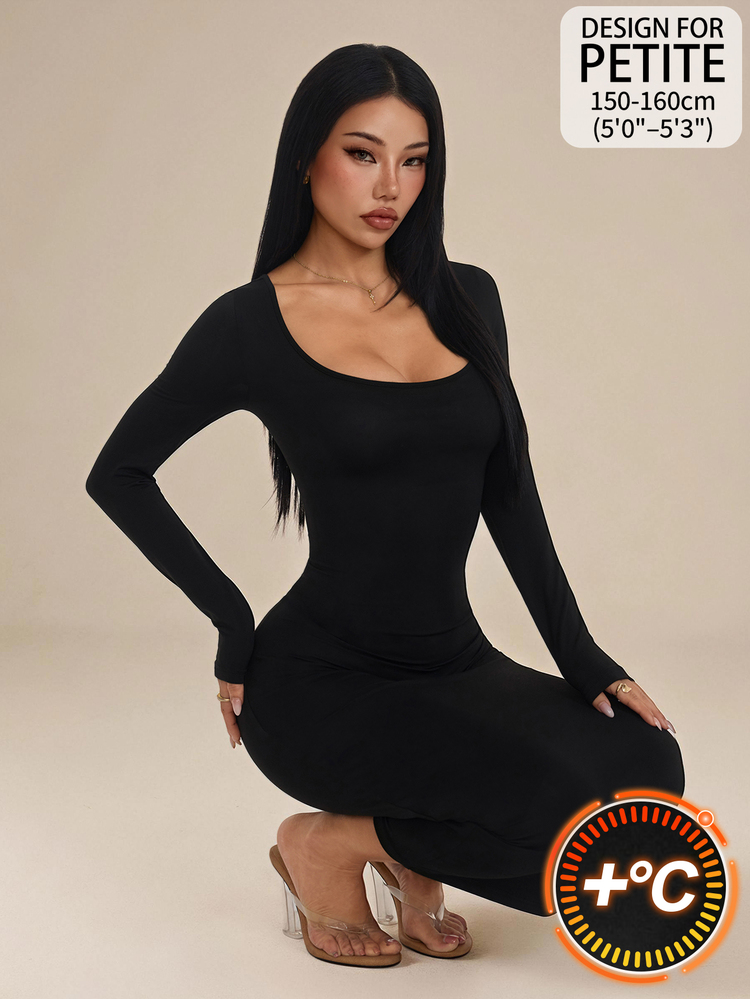 SHEIN PETITE Women's Square Neck Fitted Black Long Sexy Elegant Dress - Black - View 10