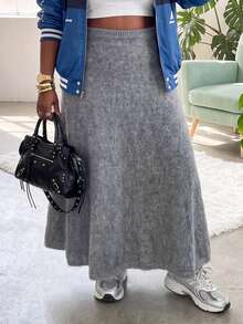 Slaydiva Plus Size Fuzzy Mohair Knit Maxi Skirt, High Waist ALine Flowy Long Skirt Fall - Grey - View 9