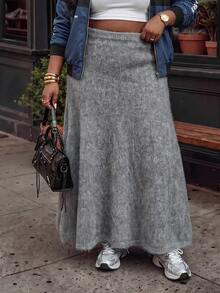 Slaydiva Plus Size Fuzzy Mohair Knit Maxi Skirt, High Waist ALine Flowy Long Skirt Fall - Grey - View 10