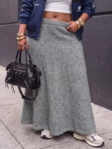 Slaydiva Plus Size Fuzzy Mohair Knit Maxi Skirt, High Waist ALine Flowy Long Skirt Fall - Grey - View 2