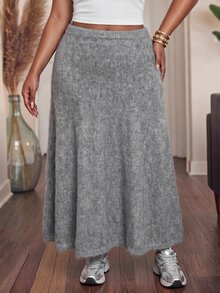 Slaydiva Plus Size Fuzzy Mohair Knit Maxi Skirt, High Waist ALine Flowy Long Skirt Fall - Grey - View 6
