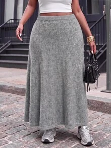 Slaydiva Plus Size Fuzzy Mohair Knit Maxi Skirt, High Waist ALine Flowy Long Skirt Fall - Grey - View 7