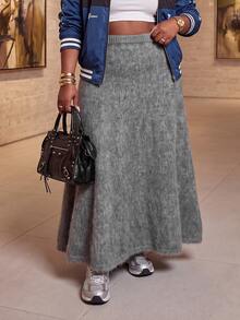 Slaydiva Plus Size Fuzzy Mohair Knit Maxi Skirt, High Waist ALine Flowy Long Skirt Fall - Grey - View 8