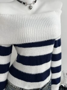 Dulcita Women's Autumn/Winter Off-Shoulder Faux Mink Fur Color Block Striped Versatile Casual Vibe Knit Sweater - White - View 5