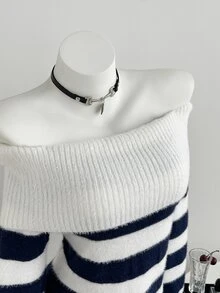 Dulcita Women's Autumn/Winter Off-Shoulder Faux Mink Fur Color Block Striped Versatile Casual Vibe Knit Sweater - White - View 4