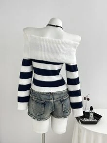 Dulcita Women's Autumn/Winter Off-Shoulder Faux Mink Fur Color Block Striped Versatile Casual Vibe Knit Sweater - White - View 2