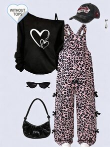 SHEIN Elladie kids Tween Girls Fleece Fall Clothes Overalls, New Autumn/Winter Style, Fashionable Retro Leopard Print Black & Pink, Front Pocket Design - Multicolor - View 4