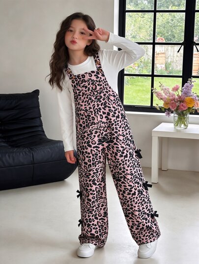 SHEIN Elladie kids Tween Girls Fleece Fall Clothes Overalls, New Autumn/Winter Style, Fashionable Retro Leopard Print Black & Pink, Front Pocket Design