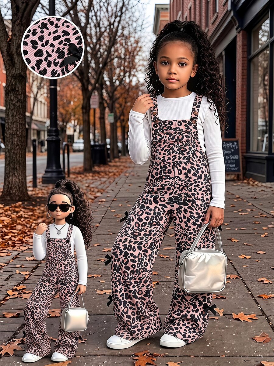 SHEIN Elladie kids Tween Girls Fleece Fall Clothes Overalls, New Autumn/Winter Style, Fashionable Retro Leopard Print Black & Pink, Front Pocket Design