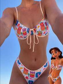 SHEIN Swim 2件套卡通海洋动物印花细肩带露背比基尼套装，撞色滚边休闲度假泳装，女士 - 彩色 - 查看 3
