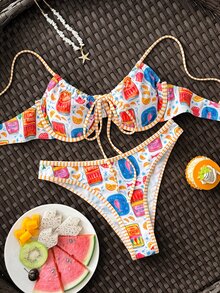 SHEIN Swim 2件套卡通海洋动物印花细肩带露背比基尼套装，撞色滚边休闲度假泳装，女士 - 彩色 - 查看 7