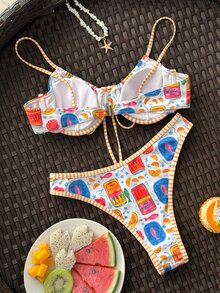 SHEIN Swim 2件套卡通海洋动物印花细肩带露背比基尼套装，撞色滚边休闲度假泳装，女士 - 彩色 - 查看 2
