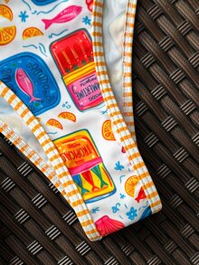 SHEIN Swim 2件套卡通海洋动物印花细肩带露背比基尼套装，撞色滚边休闲度假泳装，女士 - 彩色 - 查看 5