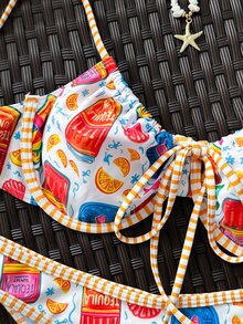 SHEIN Swim 2件套卡通海洋动物印花细肩带露背比基尼套装，撞色滚边休闲度假泳装，女士 - 彩色 - 查看 6