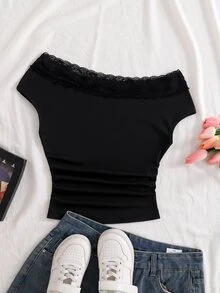 SHEIN Tween Girls Minimalist Off-Shoulder T-Shirt For Girls, Elegant Off-Shoulder Design, Stretchy, Slim, Fitted, Ruched, Cropped - Black - View 7