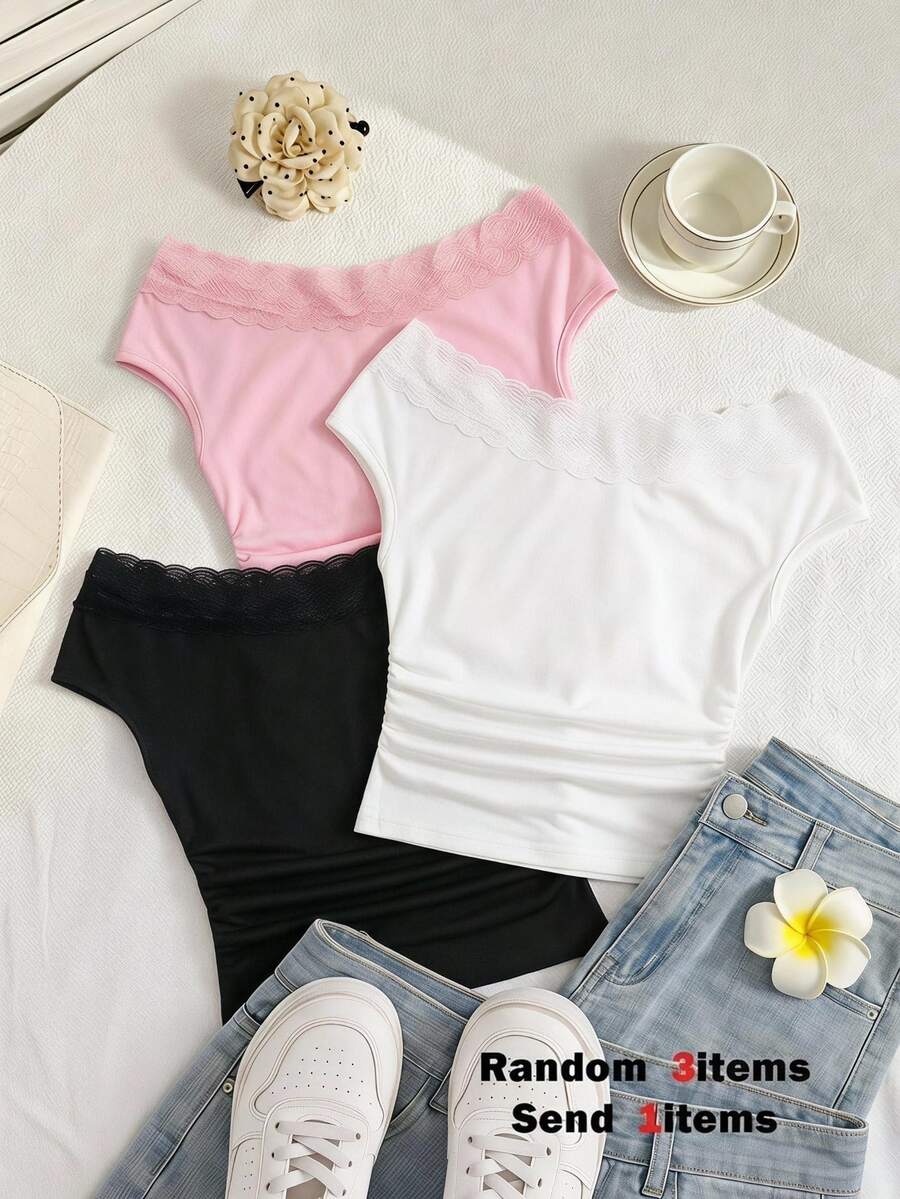 SHEIN Tween Girls Minimalist Off-Shoulder T-Shirt For Girls, Elegant Off-Shoulder Design, Stretchy, Slim, Fitted, Ruched, Cropped - Black - View 1