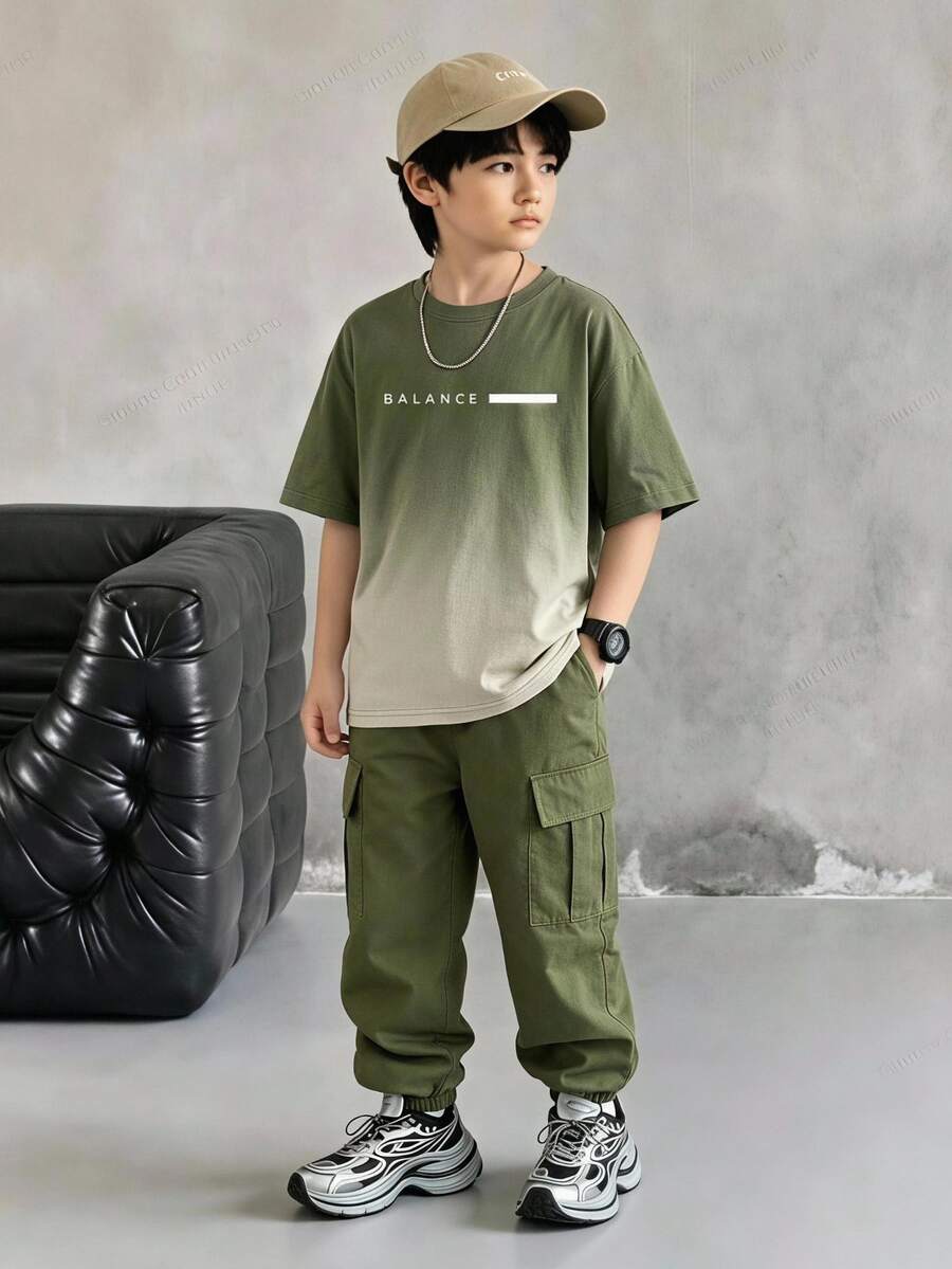 SHEIN Vacaura Tween Boys Gradient Color English Text Printed Round Neck T-Shirt & Cargo Pants Set,Army Green,Summer,Casual,School,Back-To-School Fashion Outfit - Multicolor - View 1