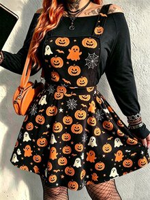 SHEIN LUNE Gaun Tali Bahu Tipis Motif Halloween Ukuran Besar - Hitam - View 5