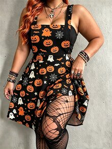 SHEIN LUNE Gaun Tali Bahu Tipis Motif Halloween Ukuran Besar - Hitam - View 3