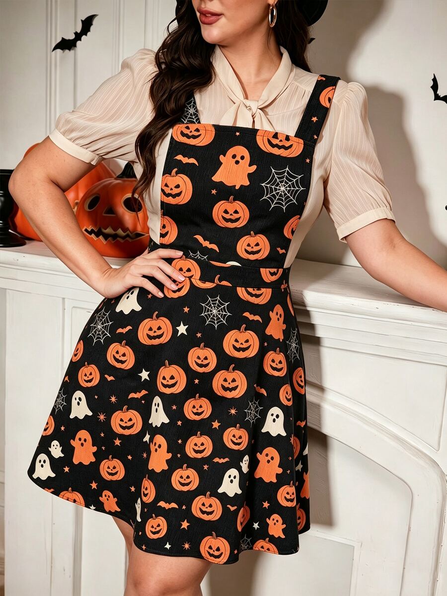 SHEIN LUNE Gaun Tali Bahu Tipis Motif Halloween Ukuran Besar - Hitam - View 1