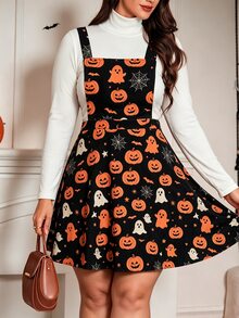 SHEIN LUNE Gaun Tali Bahu Tipis Motif Halloween Ukuran Besar - Hitam - View 6