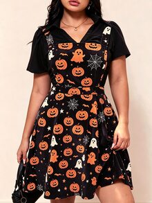 SHEIN LUNE Gaun Tali Bahu Tipis Motif Halloween Ukuran Besar - Hitam - View 4