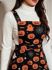SHEIN LUNE Gaun Tali Bahu Tipis Motif Halloween Ukuran Besar - Hitam - View 7