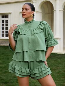 VOLUPTÉ CURVE Plus Size Women's Autumn Sage Green Faux Linen Stand Collar Puff Sleeve Ruffle Crop Casual Elegant Commute Vacation Two Pieces Set Formal Party - Green - View 3