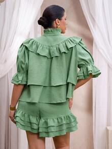 VOLUPTÉ CURVE Plus Size Women's Autumn Sage Green Faux Linen Stand Collar Puff Sleeve Ruffle Crop Casual Elegant Commute Vacation Two Pieces Set Formal Party - Green - View 2